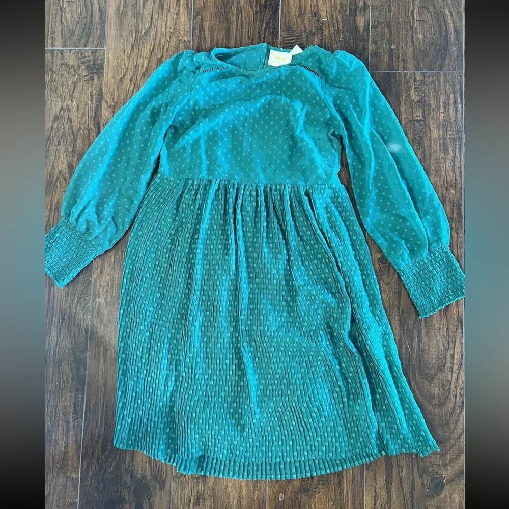 Maeve By Anthropologie Swiss Dot Long Sleeve Pleated Green Dress Size 00